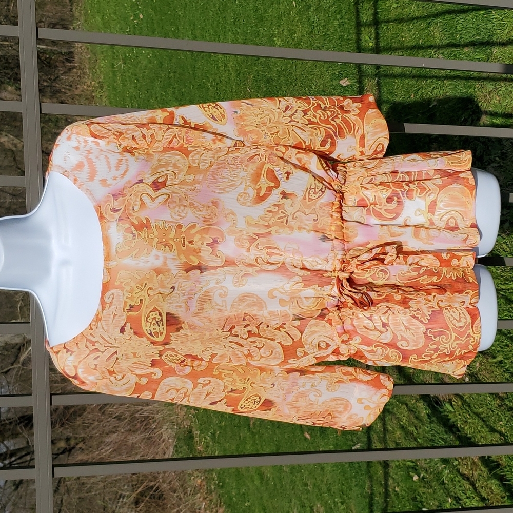 Coldwater Creek Sheer Orange Pattern Blouse Size M